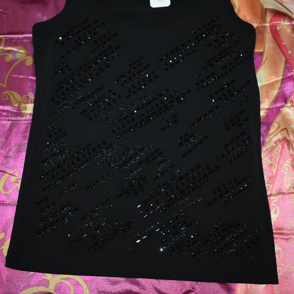NEW calvin klein black beads rhinestone studs Bling Tank Top T-SHIRT Size XS / S - Picture 5 of 10